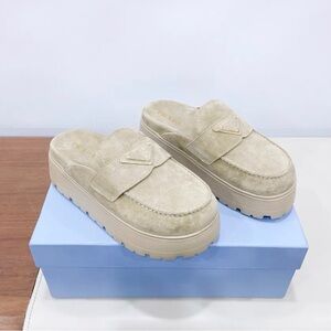 Prada Women's Cream Suede Platform Clogs
